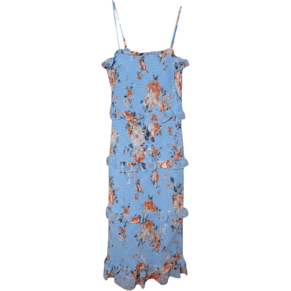 Bebe Smock Floral Dress L Blue Ruffle Tiered Bodycon Romantic Coquette Princess